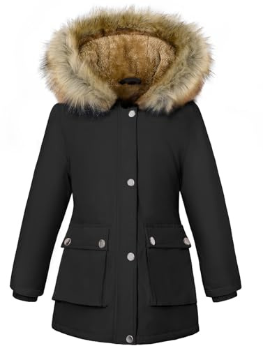 Vancavoo Manteaux Fille Hiver Parka Veste Enfant Longue Blouson Epaisse Manteau à Capuche Chaud Polaire Vêtements D'extérieur pour 6-12 Ans,Noir,125-135CM