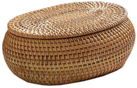 Caja de ratán con tapa, cesta de ratán de 5.5x6.7x2.8 pulgadas, cesta ovalada de mano con tapa, caja decorativa de escritorio para cocina de casa en casa