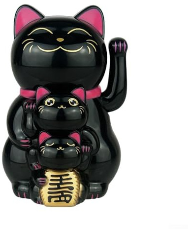 Solar Powered Automatic Waving Lucky Cat Ornament Set of Three, Beckoning Maneki Neko Figurines with Red Base for Shop Cashier Counter, Office Desk or Home(Black)
