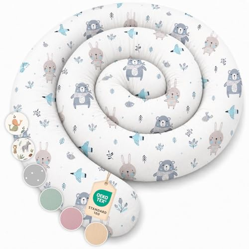 Lovely Hippo sidosovkudde av 100 % bomull – sängorm kroppskudde, lång kudde, sängrulle, kudde (blå djur, 150 cm)