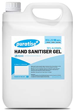 Hand Sanitiser 5L PURATISE Antibacterial Hand Gel - 70% Alcohol Gel Hand Sanitiser Kills 99.99% of Germs & Bacteria - MADE IN THE UK Melbec Microbiology Approved BSEN 1276:2019 & BSEN1500:2013