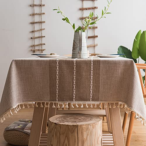 Plenmor Leinen Tischdecke Baumwolle 300x140cm, Khaki Leinenoptik Tischdecke Abwaschbar Table Cloth Boho Tischdecken Rechteckig für Outdoor, Küche, Garten, Party