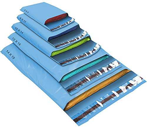 50 Mixed Size Blue Mailing Bags, Self Seal Strong Waterproof Poly Plastic Envelopes for Parcels, Packaging, Small, Medium, Large Mail, Shipping Courier Delivery Bags 5 Sizes, Blue