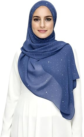 Lina & Lily Hijab Sciarpa Chiffon Donna Musulmana con Brillantini Dorati 72 x 190cm (Blu Jeans)