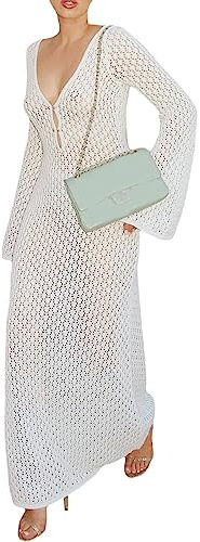 Owegvia Abito lungo da donna in maglia trasparente Y2k abito a maglia profonda scollo a V profondo manica lunga aderente copre il vestito da vacanza senza schienale, bianco, S