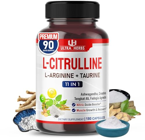 L-Citrulline Supplement Capsules Enriched with L-Arginine, Taurine, Creatine, Tongkat Ali, Fadogia Agrestis | Ultra Nitric Oxide Booster for Muscle Endurance, Stamina & Recovery | 180 Capsules