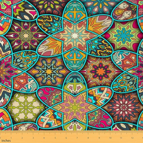 Boho Mandala Tissus Au Metre,Vintage Bohème Géométrique Tissu 92x150cm,Tissu D'Extérieur Floral Pour Décorer Exotique,Fleurs Ethniques Pour Chaises,Coloré