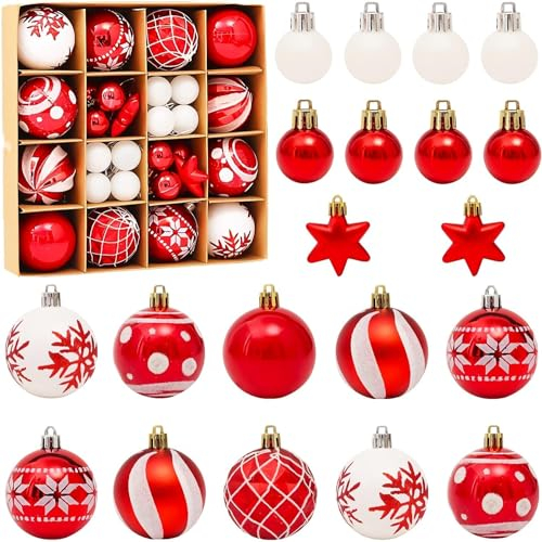 ERBO Weihnachtskugeln Rot Weiß, 42er Set Kunststoff, Christbaumkugeln Deko, Christbaumschmuck, Weihnachtsbaum Kugeln Set