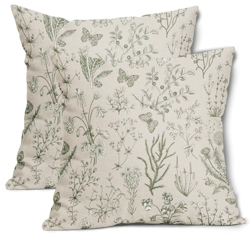 Spring Sage Green Floral Pillow Covers 16x16 Inch Vintage Wild Flower Herbs Plant Butterfly Decorative Pillow Cases Botanical Farmhouse Cushion Covers Home Decor For Sofa Couch Outdoor Set of 2