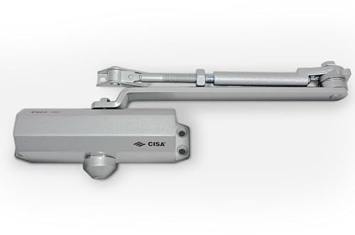 CISA Série 604 – Ferme-porte à crémaillère avec arrêt 16047103097 – Ferme-porte avec vitesse de fermeture réglable – Finition gris aluminium – Pour portes max 80 kg