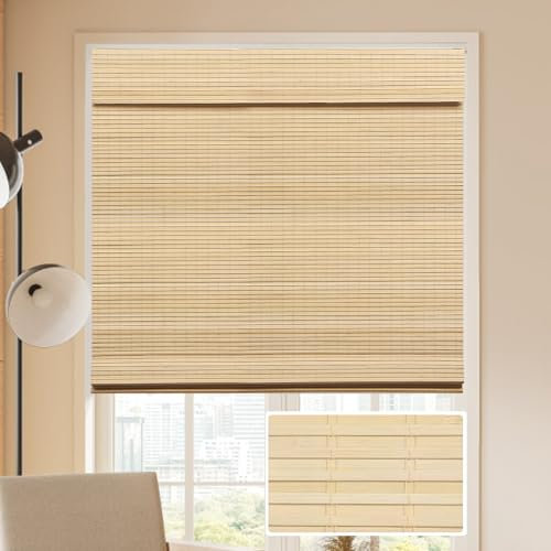 LUCKUP Cordless Bamboo Roman Blinds Shades for Indoor Windows-Blackout Room Darkening Roman Blinds with 6 Valance Cover Enhanced Privacy, 36 W x 64 H
