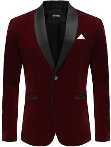 Blazer en velours pour homme - Coupe ajustée - Parfait pour les mariages, les bals de fin d'année, les événements formels, Rouge, XL
