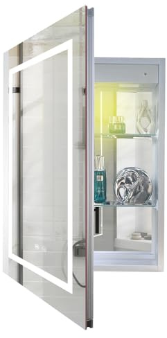 Janboe LED Mirror Cabinet,Bathroom Mirror Cabinet with Lights,51cm×71cm,Equip with Internal Light,Aluminum Construction,USB Shaver Socket,3 Color,Dimmer,Demister,Surface Mounted and Recess Mounted