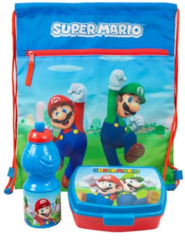 Super Mario - Bambina Bambino - Set Merenda Scuola Gita Sacca, Borraccia, Porta-Merenda - Prodotto Originale