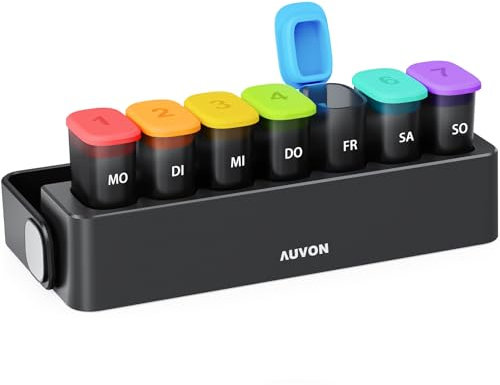 AUVON Tablettenbox 7 tage BPA Frei, Medikamentenbox Feuchtigkeitssicher mit Sicherheitsverschluss, schwarze Pillendose für Datenschutz, Große Tabletten Organizer für Vitamine, Fischöl, Medikamente