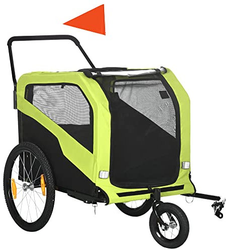 PawHut 2-in-1 Hundeanhänger, Fahrradanhänger für Hunde, Hundewagen mit Reflektoren, Hundebuggy max. 30 kg, Hundefahrradanhänger für Große Hunde, Oxford-Gewebe, Grün