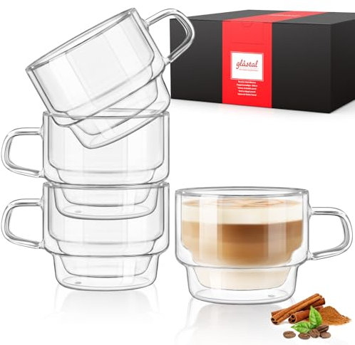 glastal 350ml Taza de Café de Cristal Juego de 4 Apilable Vasos de Doble Pared con Asa, Tazas de Vidrio para Latte Macchiato, Cappuccino, Leche Tazas de Té Regalo de Cumpleaños Para Padres Amigo