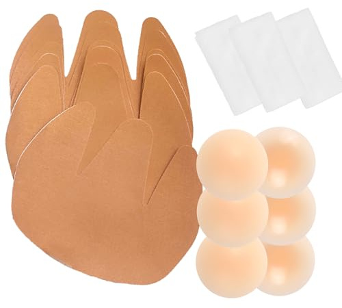POMAMZ 3-pack självhäftande bh push-up bröstlyft, axelbandslös självhäftande bh för stora kupstorlekar – rygglösa kläder – inkl. 3 par silikonbröstvårtsskydd (beige), Beige, L/XL Stor