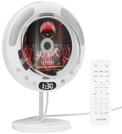 Stand & Wall Mounted CD Player, Bluetooth, FM Radio, USB, AUX, HiFi Stereo Speakers, Portable Music Player with Remote, Timer, Pull Switch, Ideal for Bedroom, Kitchen, Home Audio, With dust cover