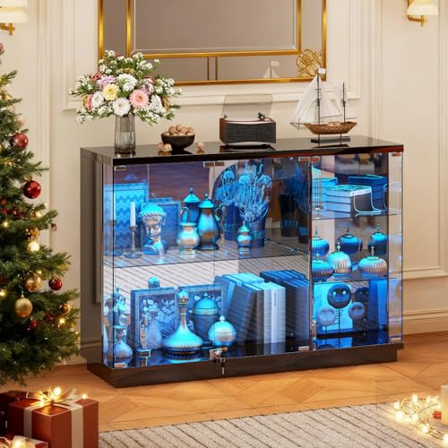 HNEBC Lockable Display Curio Cabinet with Glass Door,47.2 W Glass Display Cabinet with 3 Color Lights for Collectibles,5-Tier Lighted Display Case with Human Sensor,Living Room,Black