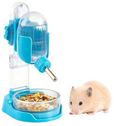 Botella de Agua para Hámster con Soporte, Dispensador de Agua de 100 ml con Cuenco de Comida para Hámsters Sirios, Hámsters Enanos, Ratones, Ratas, Degús (Azul, P1692- Independiente)