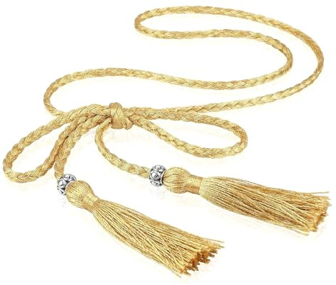 Hopzab Cintura in vita da donna in corda intrecciata con nappa, alla moda, bohémien, sottile, per gonna e vestito, cintura alla moda per donne, tessuto per abiti casual e feste, Oro, 180 cm