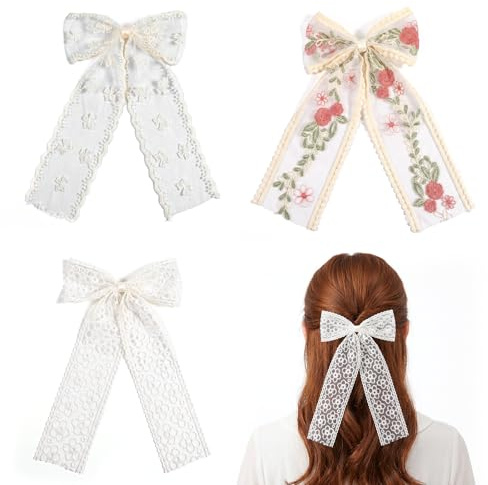 3 Pcs Lace Hair Bows, Large Bow Hair Clip with Embroidered Flowers Cute Bowknot Barrettes with Long Tails for Women Girls Bride (White, Beige)