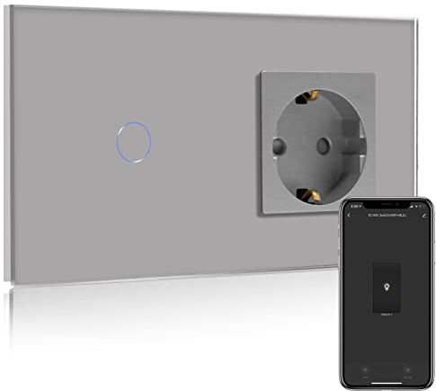 BSEED Presa normale con interruttore della luce Smart Alexa, compatibile con Alexa, Google Home, interruttore touchscreen in vetro, 1 scomparto 1 via, presa 16 Amp grigio (cavo neutro necessario)