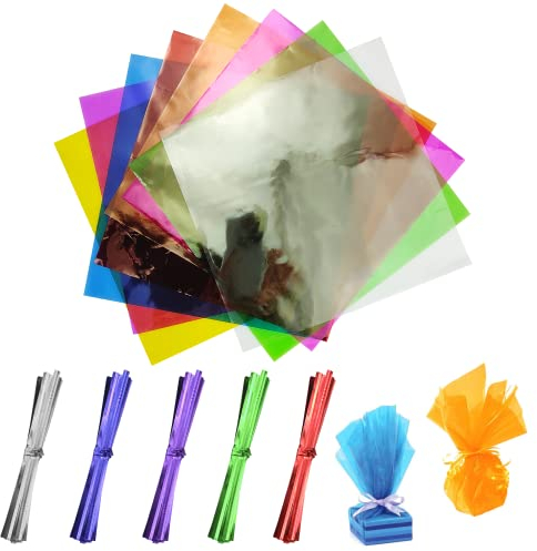 200 StüCk Zellophan Folien 7 Farben 25 Blatt Jeder Farbe, Mit 200 DrehbäNdern|,Folien Bunt Transparent,Christmas Farbige Zellophan Folien FüR Kunsthandwerk,Leckereien, PartyzubehöR(19x19cm)