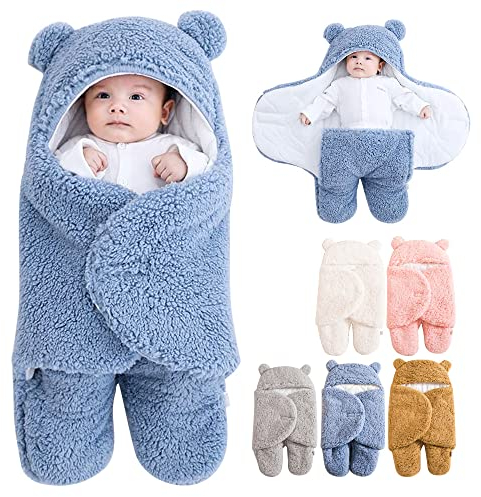 Tyuodna Baby Schlafsack Neugeboren,Plüsch Warme wickeldecke Baby,Weich Gefüttert Pucksack,Baby Decke Pucktuch Swaddle mit Kapuze für Säuglinge Babies Neugeborene Unisex Baby (Blau, 3-6 Monate)
