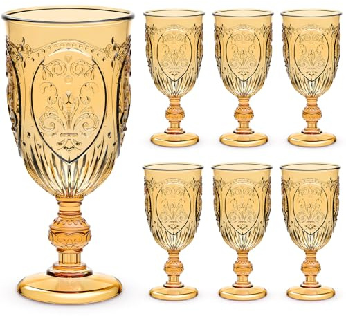 Wiwiqing 6 Pcs Plastic Goblets 7.5oz Vintage Goblet Plastic Wine Glasses Colored Retro Embossed Water Goblets for Wine Bar Juice Baby Shower Wedding Reception Grand Event Party (Amber)