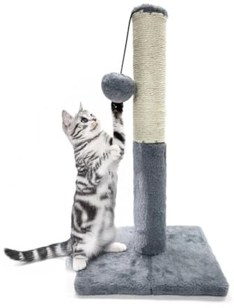 Pets Crew Griffoir pour chat de 48 cm avec poteau en sisal, base en peluche, pompons | Meuble robuste pour griffer, escalader et jouer | Corde en sisal durable et peluche douce pour chatons et chats