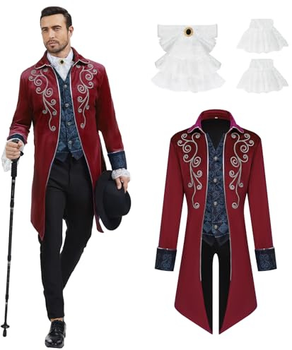 rumnigh Medeltida steampunk bakkappjacka för män, medeltida gotisk sammetsbroderi, svanskappa, viktoriansk klänningsuniform för Steampunk-tema och dansfest, halloween
