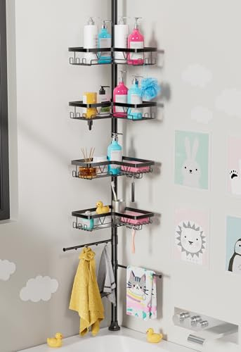 Taozun Shower Caddy Organizer Tension Pole, Rustproof 2 Towel Bars and 4 Adjustable Shelves, 25-114.2 Inch No-Drill Quick Installation, Extra Soap Dish for Bathroom Storage Black
