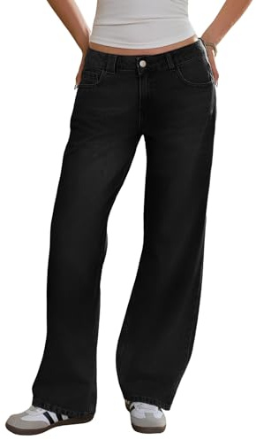 Fisoew Pantalones vaqueros holgados para mujer, pierna ancha, cintura media, pantalones vaqueros rectos holgados, Negro , 38