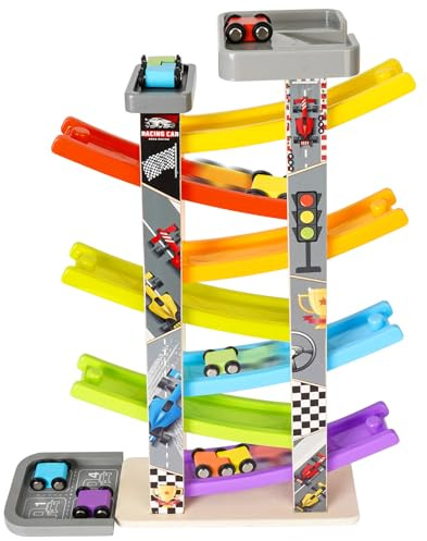 Circuit de course en cascade en bois à partir de 1 an avec 7 circuits et 7 véhicules Montessori Jouet de voiture Jouet en bois pour bébé Cadeau 1 2 3 ans Fille Garçon