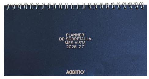 ADDITIO Planner de Sobremesa Mes Vista | Planificador Mensual Compacto 21 x 10 cm | 48 Páginas con Calendario y Notas | Doble Espiral | Papel Munken 100 g | Organizador de Escritorio | Azul | Catalán
