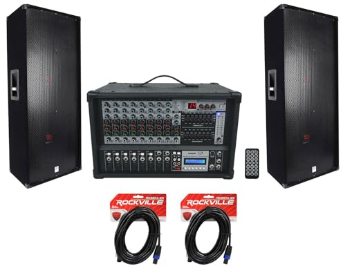 Rockville RSG15.24 Bundle: (2) Dual 15 3000W Peak/ 1500W RMS 3-Way 4 Ohm Passive DJ/Pro Audio Speakers, (2) RCSS1425 25 ft 14 AWG Speakon Cables, RPM109 V2 12 Channel Powered Mixer with USB, 5-Items