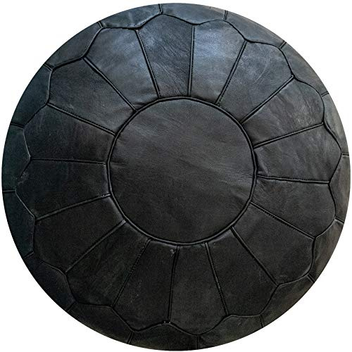 Poufs&Pillows Premium XL Echtleder Pouf - Handgefertigt - gefüllt geliefert - Ottoman Sitzsack Fußhocker Puff (Schwarz)