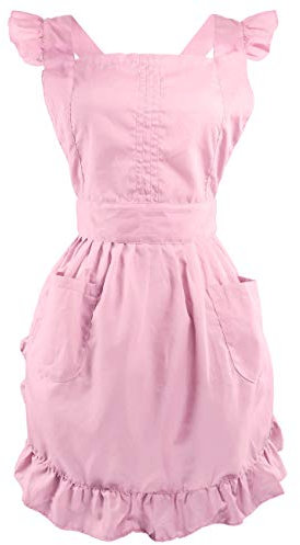 LilMents Retro-Schürze mit Rüschen und Taschen, anpassbar auf verschiedene Größen , hellrosa, S