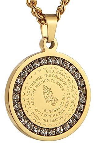 HZMAN Bible Verse Prayer Necklace Christian Jewelry Gold Stainless Steel Praying Hands Coin Medal Pendant (CZ Gold)