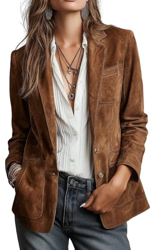 WXDTW Blazer rétro en daim synthétique pour femme, col à revers, manches longues, manteau décontracté avec poches, marron, L