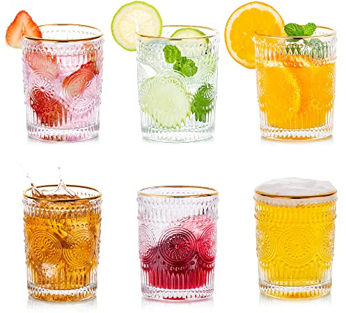 Water Glasses Drinking 300ML Gold Rim Vintage Tumblers Glass Set of 6 Tall Highball Glass for Juice Coffee Tea for Party, Bar