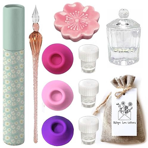Oblique Love Letters Glass Dip Pen Set - Glass Pen Holder, Glass Ink Well for dip pen, empty Inkwell with lids & Dip Pen Rest - Glass Fountain Pen Caligraphy kits