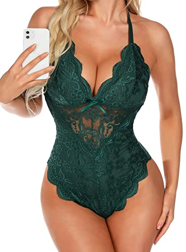Aranmei Body sexy pour femme - Nuisette coquine en tissu pelucheux et en dentelle - boutons-pression à l’entrejambe, vert foncé, L