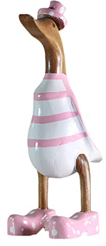 ART-CRAFT Canard en bois Canard qui court Décoration de jardin Figurine en racine de bambou et bois de teck Rayé rose peint à la main 25 cm de haut