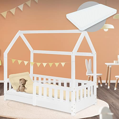 ML-Design Cama Infantil Casa Blanca 70x140 cm de Madera de Pino con Colchón de Espuma Fría, Protección Anticaída y Techo, Somier de Listones, Cuna de Suelo, Lecho para Niño Forma de Casita de Juego