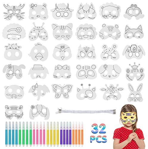 Tiermasken für Kinder, 32 Stück Tiermasken Cosplay Party Masken mit 32 Bungee-Strings und 24 Farbigen Aquarell-Pinsel, DIY Papier Ausmalen Blanko Bemalen Masken, für Halloween Weihnachten Geburtstag