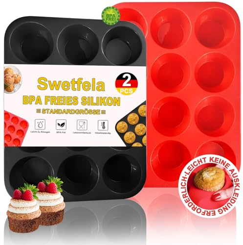 Swetfela 2 Pezzi Teglia Muffin,12 Stampo Muffin 29.2 X 22 X 3 cm,Riutilizzabile di Grado Alimentare Stampo Muffin Silicone,Stampi Muffin per Muffin per Cupcake,Brownies,Budini Mini Muffin(Nero+Rosso)