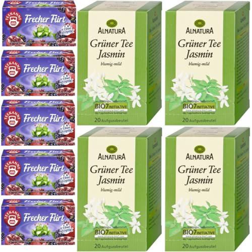 Grüner Tee Jasmin 20ST 30G x 4 STÜCK + Teekanne Frecher Flirt Tee Aromatisierter Früchtetee mit Granatapfel- und Brombeergeschmack 20 x 2.25 gramm x 5 er Pack MIT PUFAI GROCERY